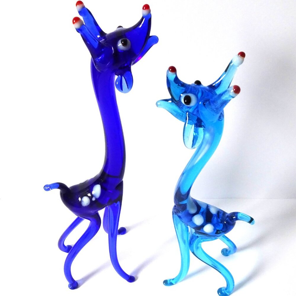 9" Vintage Cobalt Blue Blown Glass Giraffes